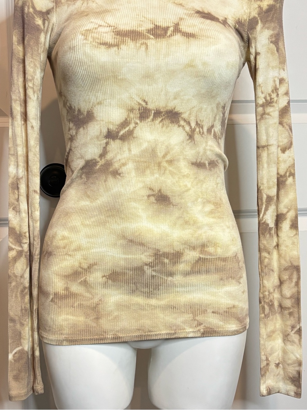 Enza Costa Cream Tan Tie Dye Silk Blend Ribbed Long Sleeve Top S - Picture 4 of 7
